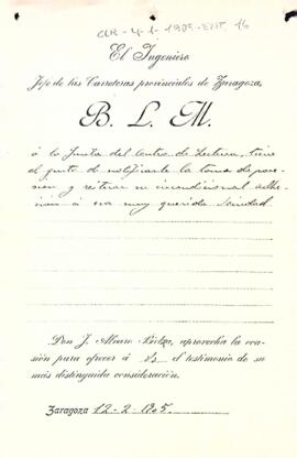 J. Alvaro Bielza comunica el seu càrrec com a enginyer cap de carreteres de Saragossa