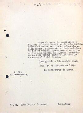 Agraïment del president i de la junta directiva a Joan Padrós per la seva aportació a l'exposició monogràfica de Ciurana