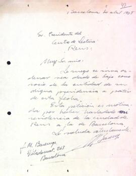 Carta de J. M. Barenys al Centre de Lectura