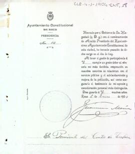 Comunicació de l'Ajuntament de Reus, informant el president del Centre de Lectura de la presa de possessió de Jerónimo Marin com a alcalde de Reus