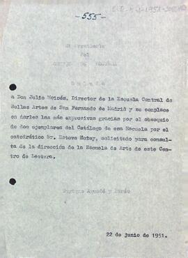 Carta d'agraïment del president al director de la Escuela Central de Bellas Artes de San Fernando de Madrid pel donatiu d'un exemplar del catàleg de l'entitat