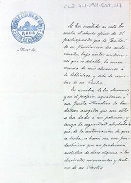 Agraïment de la Casa de Caridad de Reus al president per deixar que alumnes i professors puguin fer ús de la biblioteca i la sala de revistes
