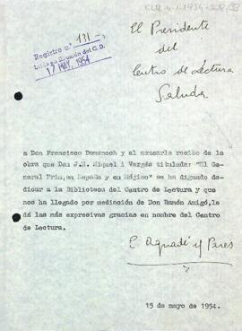 Carta d'agraïment del president a Francisco Doménech