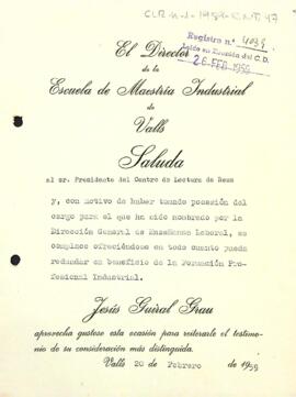 Carta del director de la Escuela de Maestría Industrial al president del Centre de Lectura
