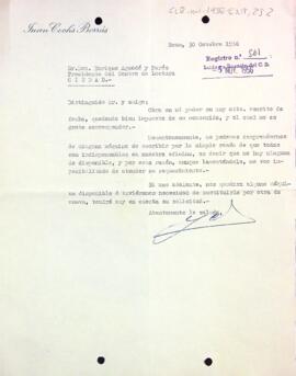 Carta de Juan Cochs Borrás al president del Centre de Lectura