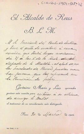 Invitació de l'alcalde de Reus, Jerónimo Marín, al president del Centre de Lectura a la reunió on es pretén nomenar a la persona que representi la Comissió de festes