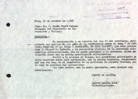 Carta de Xavier Amorós al delegat d'informació i turisme amb relació a l'ampliació de la conferència de Miquel Estradé
