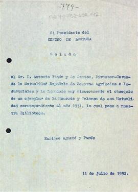 Carta d'agraïment a Antoni Vinós i de Santos