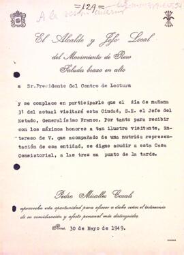 Carta de l'alcalde de Reus comunicant al president la visita de Franco a l'entitat