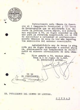 Carta de la Cámara Oficial de Comercio e Industria de Reus al Centre de Lectura