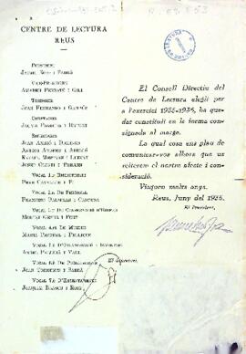 Circular del Centre de Lectura comunicant el nou Consell Directiu