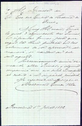 Carta de Baldomero Escudé Vilà a El Eco del Centro de Lectura enviant "Rimas"