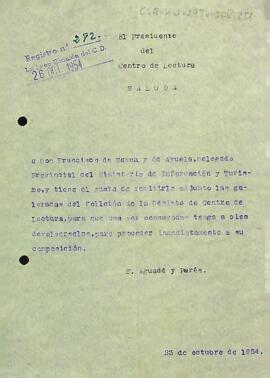 Carta del president al delegat provincial del ministeri d'informació i turisme de Tarragona