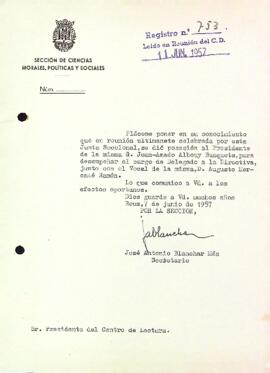 Carta de la Secció de Ciències Morals, Polítiques i Socials al president del Centre de Lectura