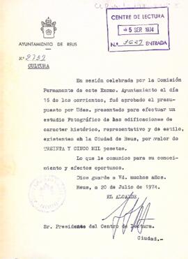 Carta de l'alcade de Reus al president del Centre de Lectura