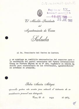 Carta de l'alcalde de Tossa al president del Centre de Lectura