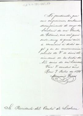 Carta de renúncia de Mariano Grases del càrrec de Secretari