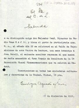 Invitació del president a l'acte d'homenatge a Joan Rebull