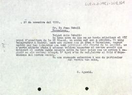 Carta del president  a Joan Rebull enviant-li, novament, una carta felicitant-lo pel primer premi rebut en la segona Biennal Hispanoamericana