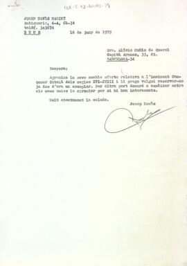 Carta de resposta de Josep Navàs a Miquel Querol reservant un exemplar de la seva obra