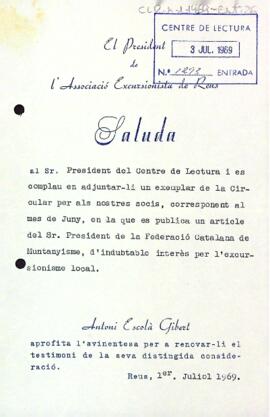 Carta del president de l'Associació Excursionista de Reus al president del Centre de Lectura