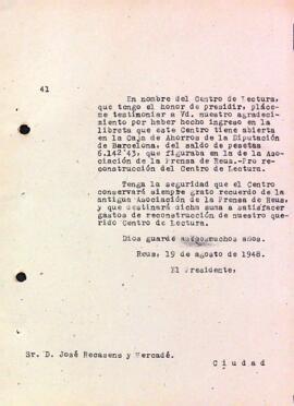 Carta del president del Centre de Lectura a Josep Recasens Mercadé