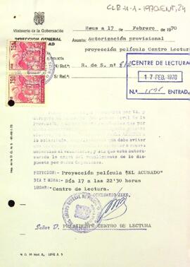 Carta de la direcció  general de seguretat autoritzant la projecció de la pel·lícula El Acusado