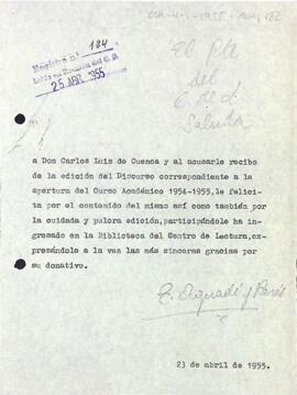 Agraïment a Carlos Luís de Cuenca per l'edició del discurs