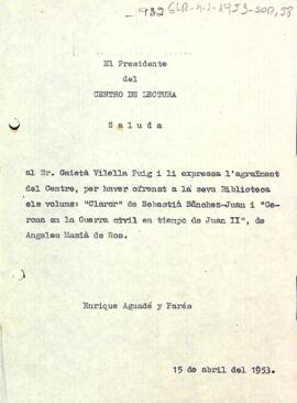 Carta d'agraïment d'Enric Aguadé a Gaietà Vilella