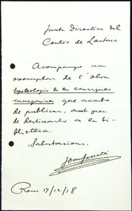 Donatiu de l'autor, Joan Ferraté de l'obra "Espeleología de les Comarques Tarragonines"