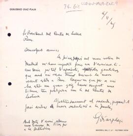 Agraïment de Guillermo Díaz-Plaja al president pel bon tracte rebut durant la seva estada a l'entitat