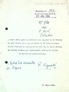 Carta d'agraïment del president als donants d'un trofeu per al IX Concurs-Exposició Nacional de Roses