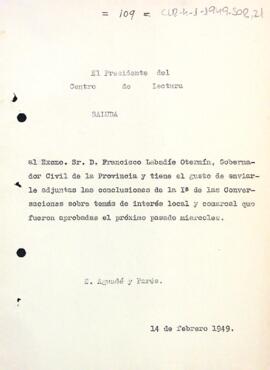 Comunicació del president al governador civil de la província de Tarragona informant de les conclusions aprovades de la primera conversa que s'ha celebrat sobre temes d'interès local i comarcal