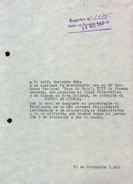 Carta a Adolfo Barberán Brea comunicant el resultat del Concurs Nacional Rosa de Reus, XIII de Fotografia