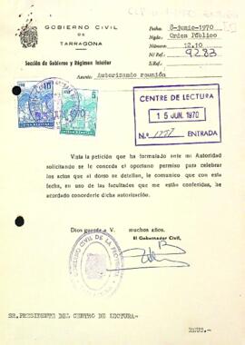 Carta del governador civil autorizant la celebració de la reunió general extraordinària