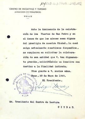 Sol·licitud del president del Centre d'Iniciatives a Enric Aguadé demanant un donatiu per a la celebració de la festa major de Sant Pere