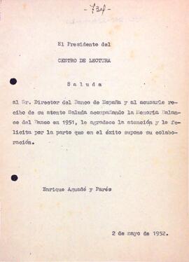Carta d'agraïment al Director del Banco de España