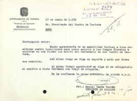 Carta de l'alcalde de Tortosa al president del Centre de Lectura