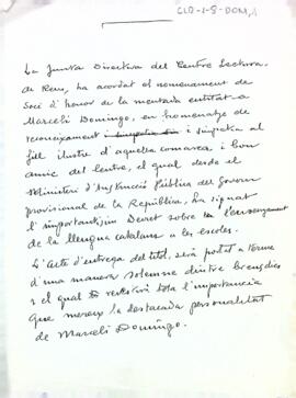 Esborrany de la carta on s'informa del nomenament de Marcel·lí Domingo com a soci d'honor de l'entitat