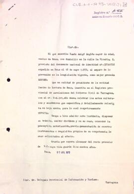 Sol·licitud del president al delegat provincial demanant l'autorització per celebrar uns cursos de la Secció de Pedagogia