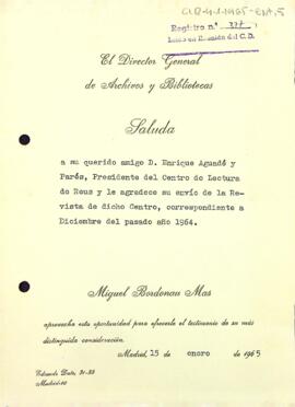 Carta del director general d'Arxius i Biblioteques al president del Centre de Lectura