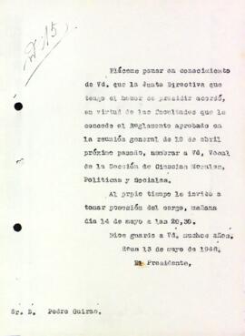 Carta de la Junta Directiva a Pedro Guirao