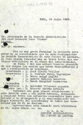 Carta de la Secció Excursionista al Club Natació Reus Ploms