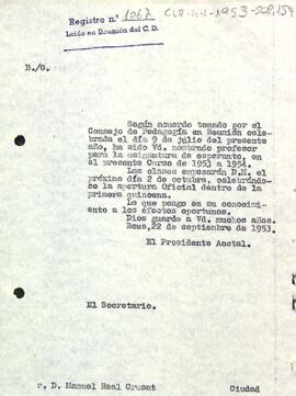 Carta del president accidental a Manuel Real Crusat