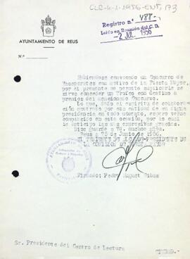 Carta de l'ajuntament de Reus al president del Centre de Lectura