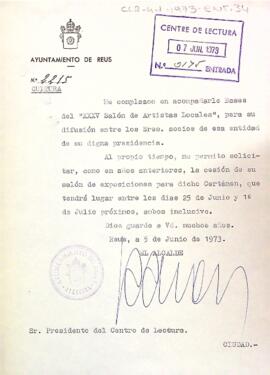 Carta de l'Ajuntament de Reus fent entrega de les bases del XXXV Saló d'Artistes locals