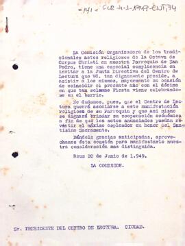 Invitació de la Comissió organitzadora dels actes religiosos de l'octava de Corpus Christi de la Parròquia de Sant Pere als actes del 10è aniversari