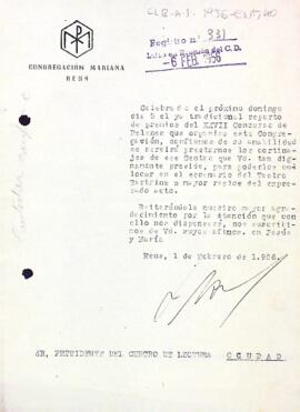Carta de la Congregació Mariana de Reus al president del Centre de Lectura