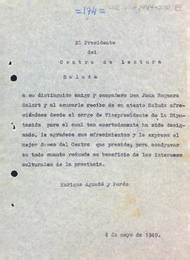 Carta del president a Juan Noguera Salort, felicitant-lo pel recent nomenament com a vicepresident de la Diputació de Tarragona