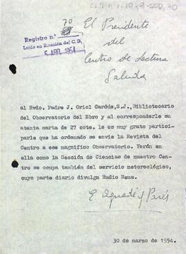 Carta del president al pare Josep Oriol Cardús i Almeda, bibliotecari de l'Observatori de l'Ebre